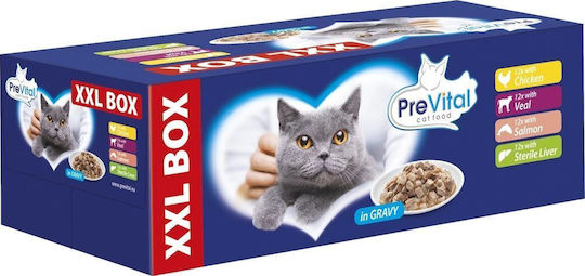 PreVital Nassfutter für Katzen in Beutel mit Huhn, Kalb, Lachs und Leber 48x100gr