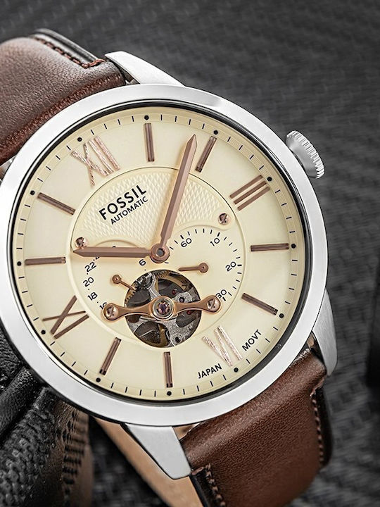 Fossil Townsman Ανδρικό Ρολόι Αυτόματο με Καφέ Δερμάτινο Λουράκι