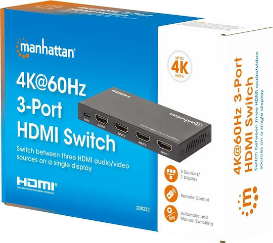 Manhattan 4k60hz 3-Port HDMI Switch Switching Between Three HDMI Inputs to One HDMI Output 3x1 18g IR Remote Control