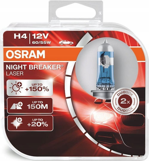 Osram Car Lamps Night Breaker Laser +150% H4 / P43T Halogen 12V 55W 2pcs