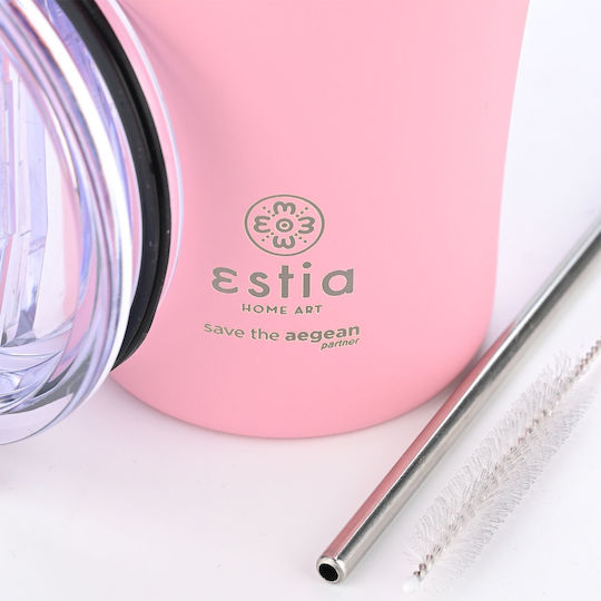 Estia Coffee Mug Save The Aegean Ανακυκλώσιμο Ποτήρι Θερμός Ανοξείδωτο BPA Free 500ml Blossom Rose με Καλαμάκι