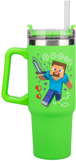 Paladone Sticlă Pentru Copii Minecraft Din Oțel Inoxidabil Cu Pai Verde 900ml