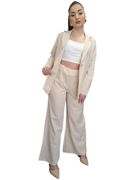 Women's Beige Set with Pants in Loose Fit Striped