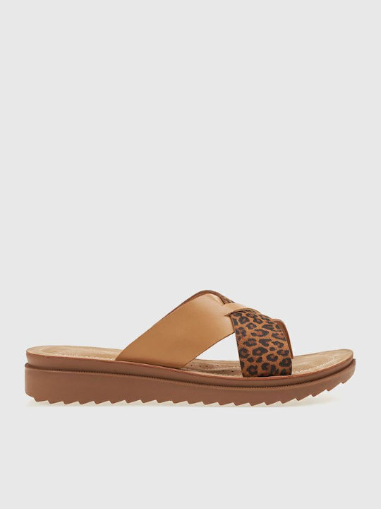 Leather Women's Flat Sandals in Beige Color