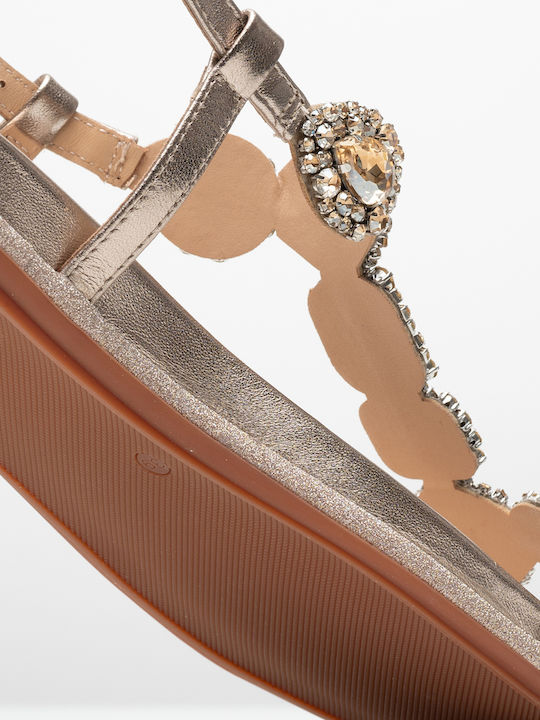 Leather Women's Flat Sandals with Strap in Gold Color