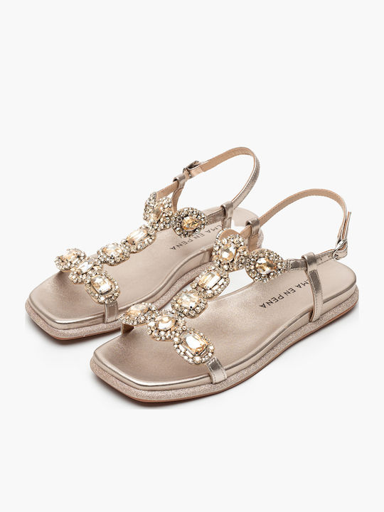 Leather Women's Flat Sandals with Strap in Gold Color