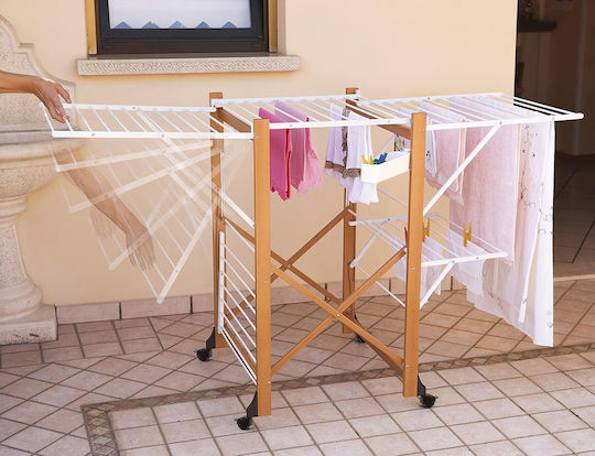 Folding Floor Clothes Drying Rack Wooden with Wheels with Hanging Length 30m