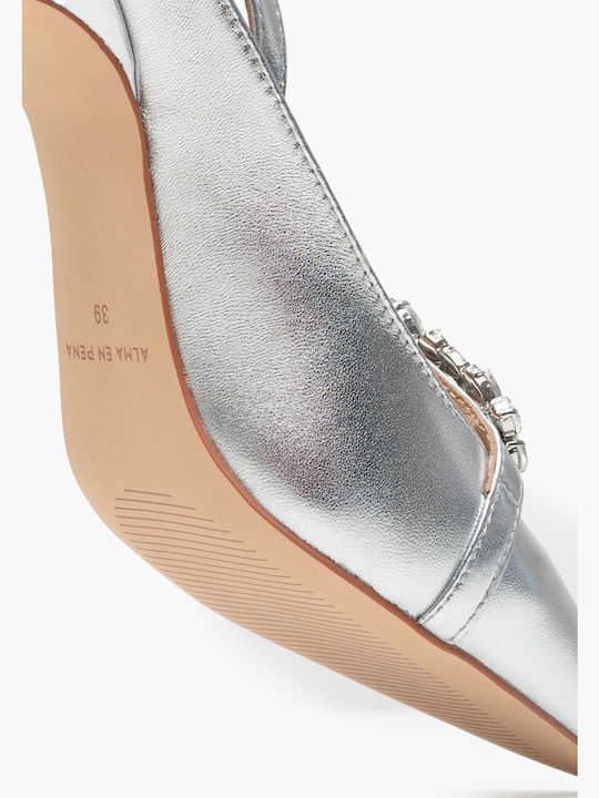 Leather Silver Heels with Strap