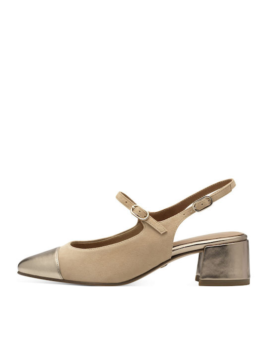 Suede Beige Low Heels with Strap