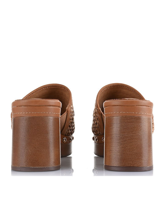 Leather Mules with Heel in Brown Color