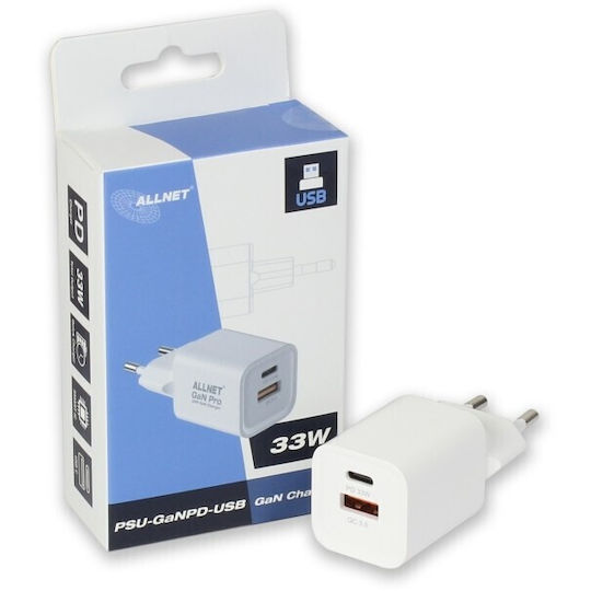 Allnet Φορτιστής Χωρίς Καλώδιο GaN με Θύρα USB-A και Θύρα USB-C 33W Power Delivery Λευκός