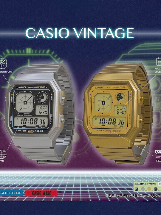 Casio Дигитален Мъжки Часовник Хронограф На Батерия със Сребърна Метална Гривна