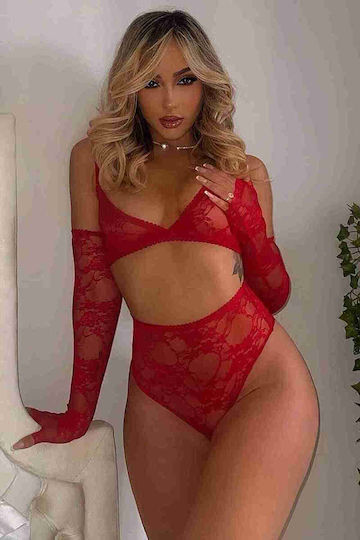Merry See Sexy Dessous-Set Spitzenhandschuhe Rot