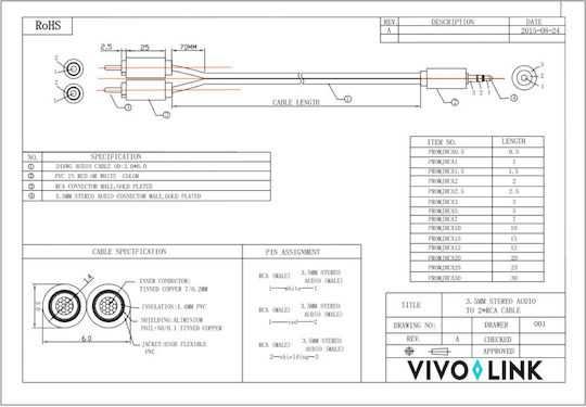 Vivolink Cablu Audio Jack 3,5 Mm Male - 2x Rca De Sex Masculin Negru PROMJRCA30
