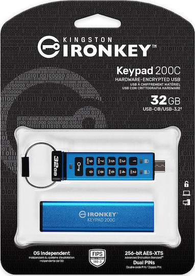 Kingston IronKey Keypad 200C 32GB USB 3.2 Stick με σύνδεση USB-C Μπλε