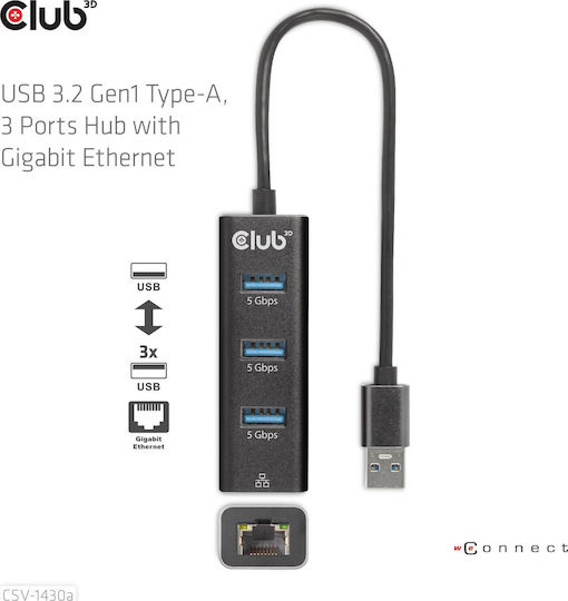Club3D USB-Hub 3 Anschlüsse USB 3.0 mit USB-A / Ethernet