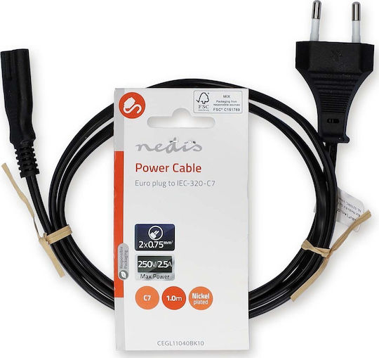 Adaptoare cablu de alimentare Nedis, conector Euro Plug IEC-320-C7, drept-drept, două fire, negru, vrac, 1m