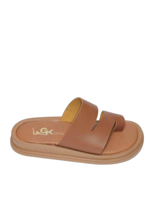 Leather Women's Flat Sandals in Tabac Brown Color