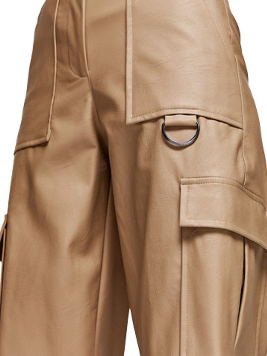 Women's High-waisted Fabric Cargo Trousers Beige