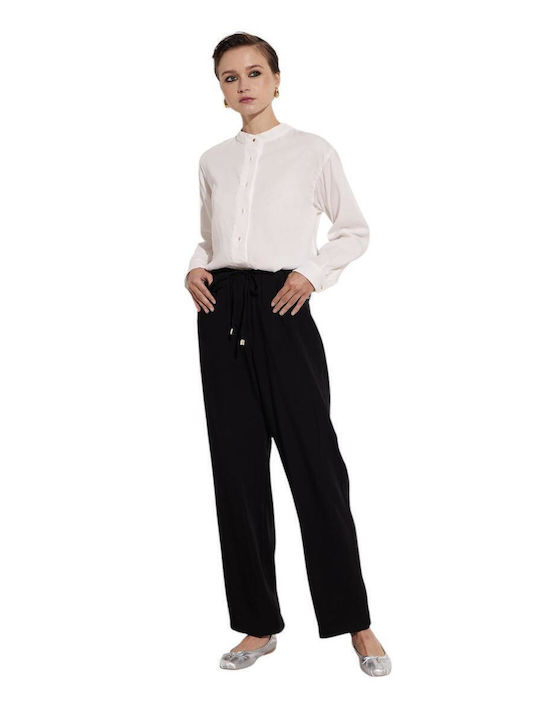 Pantaloni Dama Largi Negru Cu Talie Înaltă