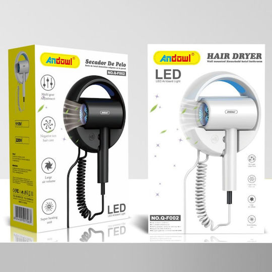 Andowl White Hotel Hair Dryer 1.6kW with Spiral Cable up to 13cm