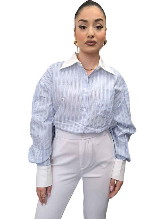 Women's Denim Striped Long Sleeve Shirt Blue