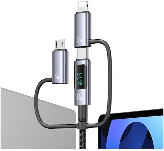 Usams Braided USB to Lightning / Type-C / micro USB Cable Μαύρο 1.2m (SJ713USB01)
