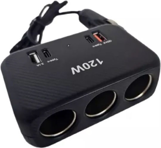 Auto-Ladegerät 120W mit Anschlüssen: 2xUSB 3xZigarettenanzünder mit Kabel Eingebettet Schwarz Farbe