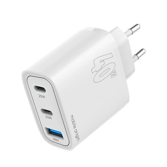 Mobile Origin Charger Without Cable GaN with USB-A Port and 2 USB-C Ports 40W Power Delivery Whites (MO13)