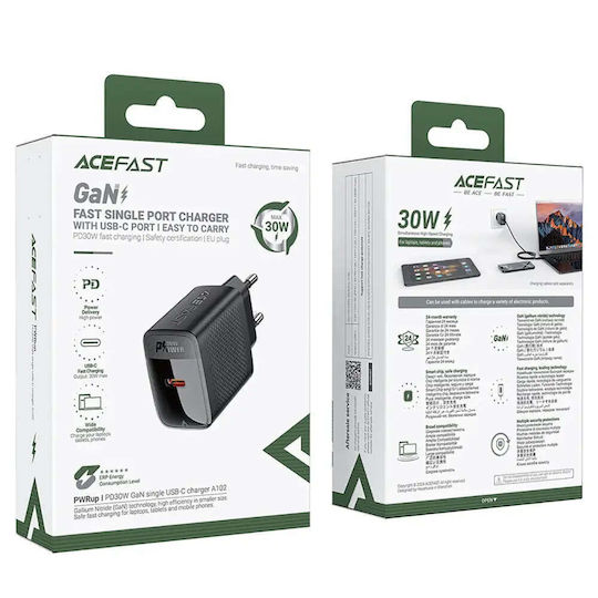 Acefast Φορτιστής Χωρίς Καλώδιο GaN με Θύρα USB-C 30W Power Delivery Μαύρος (A102)