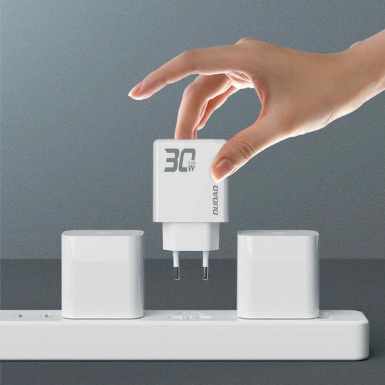 Dudao Charger GaN with USB-A Port and USB-C Port and Cable USB-C - Lightning 30W Power Delivery / Quick Charge 3.0 Whites
