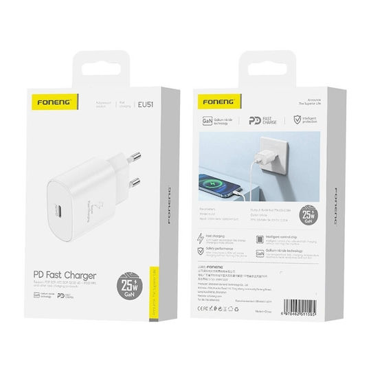 Foneng GaN Kabelloser Ladegerät mit USB-C Ausgangsanschluss 25W Stromlieferung Weiß (EU51)