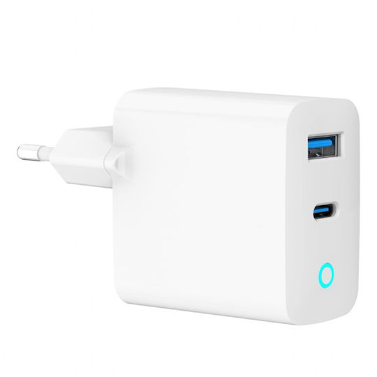Gembird Зарядно без кабел GaN с USB-A порт и USB-C порт 65W Power Delivery / Quick Charge 3.0 Бял (TA-UC-PDQC65L-W-01)