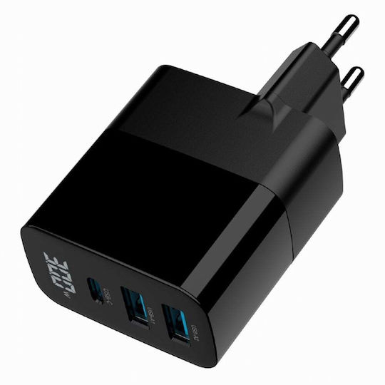 Gembird Charger Without Cable GaN with 2 USB-A Ports and USB-C Port 30W Power Delivery / Quick Charge 3.0 Blacks (TA-UC-PDQC30LCD-BK-02)