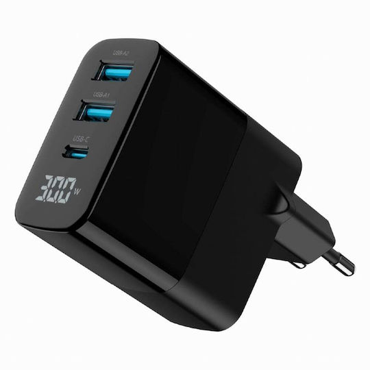 Gembird Charger Without Cable GaN with 2 USB-A Ports and USB-C Port 30W Power Delivery / Quick Charge 3.0 Blacks (TA-UC-PDQC30LCD-BK-02)