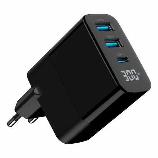Gembird Charger Without Cable GaN with 2 USB-A Ports and USB-C Port 30W Power Delivery / Quick Charge 3.0 Blacks (TA-UC-PDQC30LCD-BK-02)