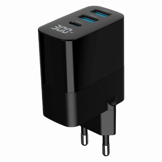 Gembird Charger Without Cable GaN with 2 USB-A Ports and USB-C Port 30W Power Delivery / Quick Charge 3.0 Blacks (TA-UC-PDQC30LCD-BK-02)