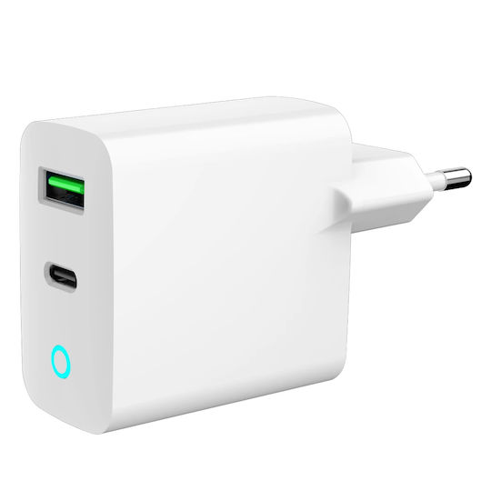 Gembird Зарядно без кабел GaN с USB-A порт и USB-C порт 65W Power Delivery / Quick Charge 3.0 Бял (TA-UC-PDQC65L-W-01)