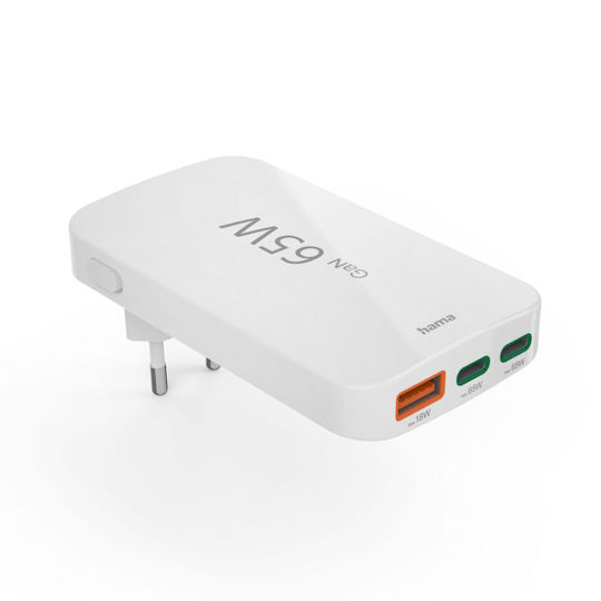 HAMA Charger Without Cable GaN with USB-A Port and 2 USB-C Ports 65W Power Delivery / Quick Charge 3.0 Whites (201976)