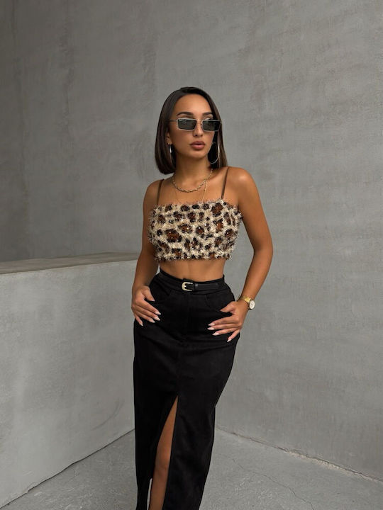 Sinell Damen Pailletten Leopard Braunes Crop Top Sinell Damen Pailletten Leopard Braunes Crop Top