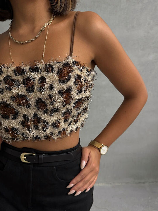 Sinell Damen Pailletten Leopard Braunes Crop Top