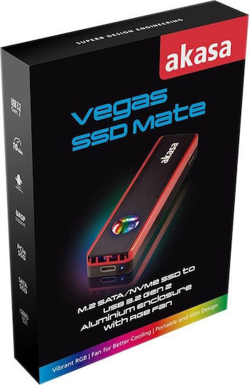 Akasa External Hard Drive Case M.2 PCI-Express / SATA III NVME with connection Type-C in Black/Red with RGB fan color