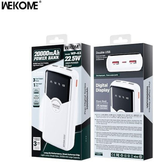WK WP-43 Power Bank 20000mAh 22.5W με 2 Θύρες USB-A και Θύρα USB-C Power Delivery / Quick Charge 2.0 Λευκό