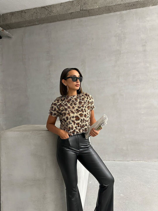 Sinell Damen Kurzarm Kurzbluse Pailletten Leopard Braun