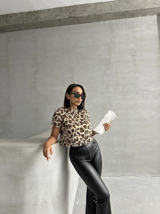 Sinell Damen Kurzarm Kurzbluse Pailletten Leopard Braun