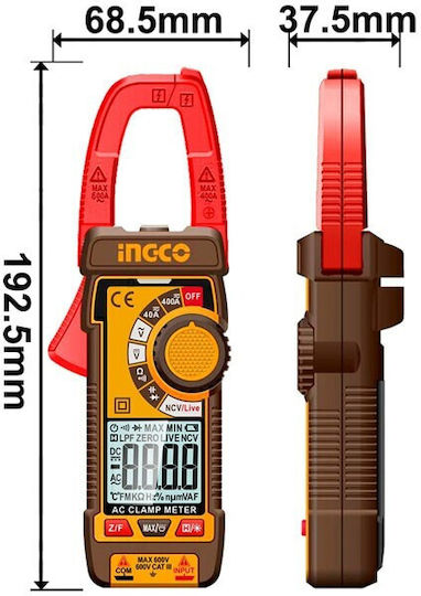 Ingco Αμπεροτσιμπίδα Ψηφιακή 400A AC DCM62002 True RMS με Ακροδέκτες
