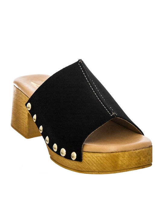 Leather Mules with Chunky Low Heel in Black Color