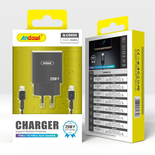 Andowl Φορτιστής με Θύρα USB-C και Καλώδιο USB-C - Lightning 25W Μαύρος (Q-CD699)