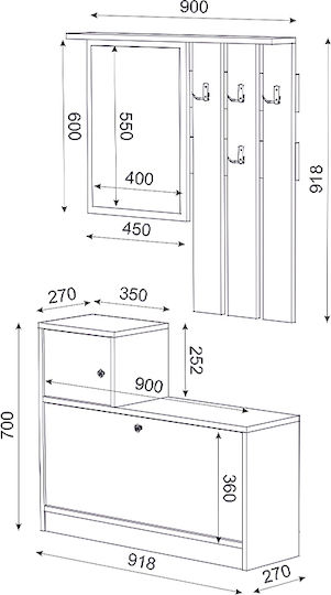 Galina Entry Furniture with Mirror / Hanger & Shoe Rack 91.8x27x70cm