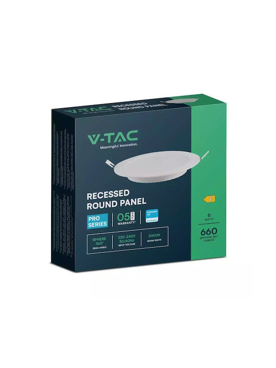 V-TAC Στρογγυλό Χωνευτό LED Panel 6W με Θερμό Λευκό Φως 3000K 120εκ.